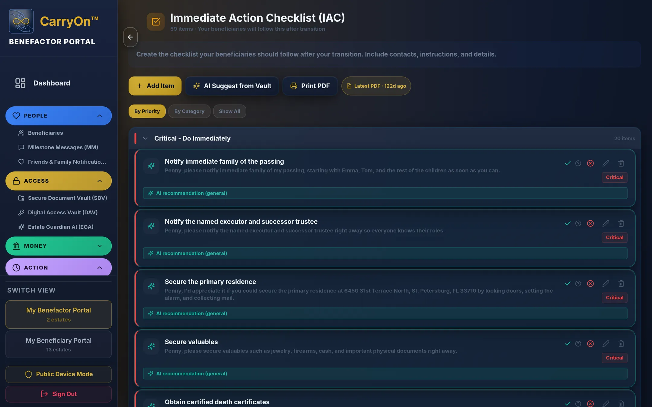 CarryOn Immediate Action Checklist with critical first steps such as notifying family and obtaining death certificates
