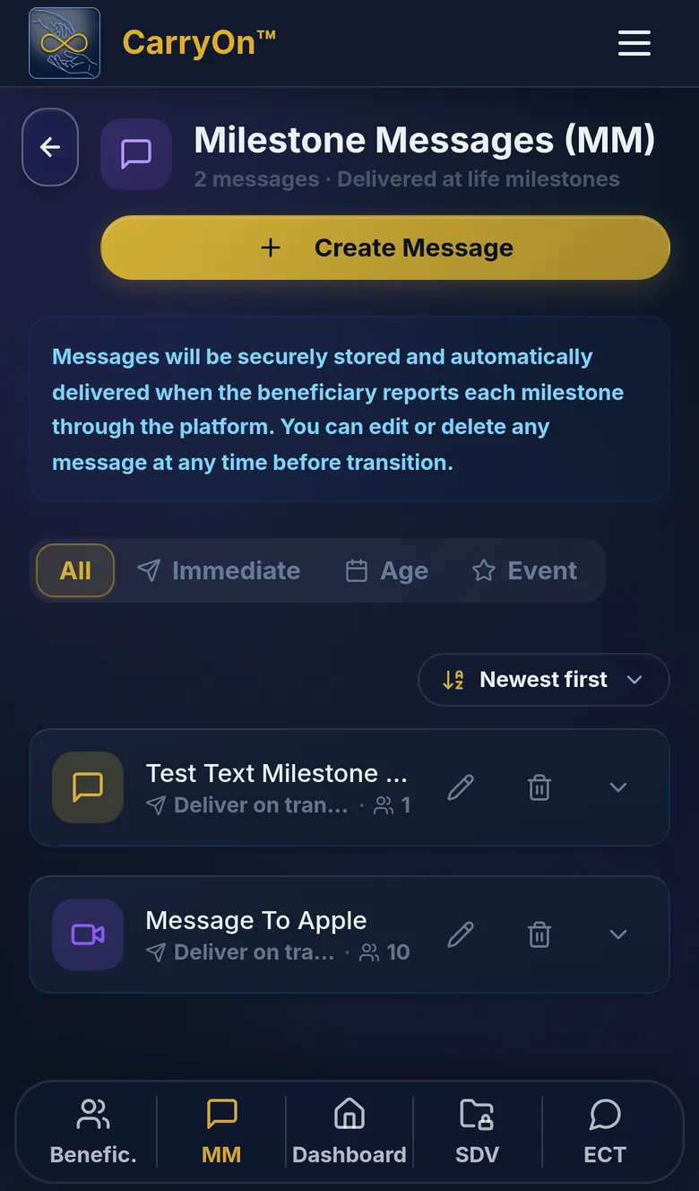 CarryOn Milestone Messages page listing recorded messages scheduled for future family moments