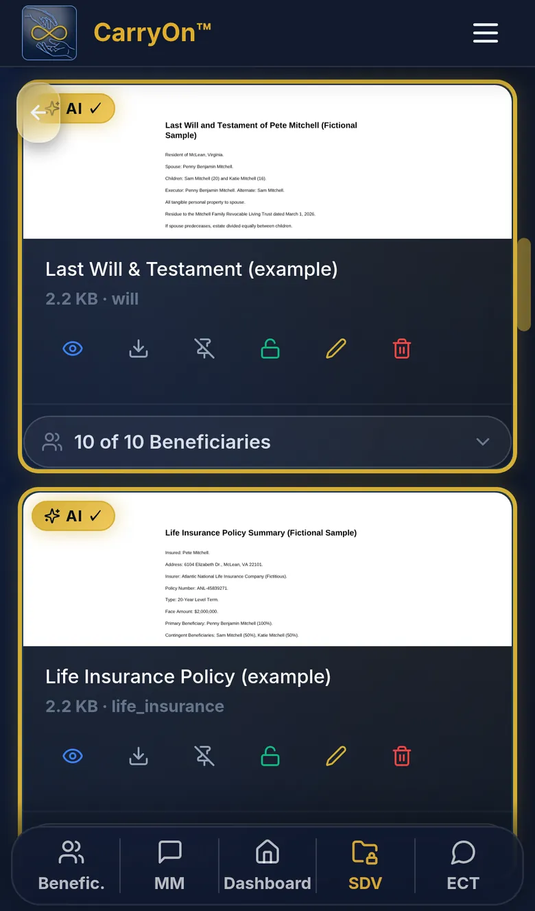 CarryOn Secure Document Vault listing a will, life insurance policy, power of attorney, trust, and living will