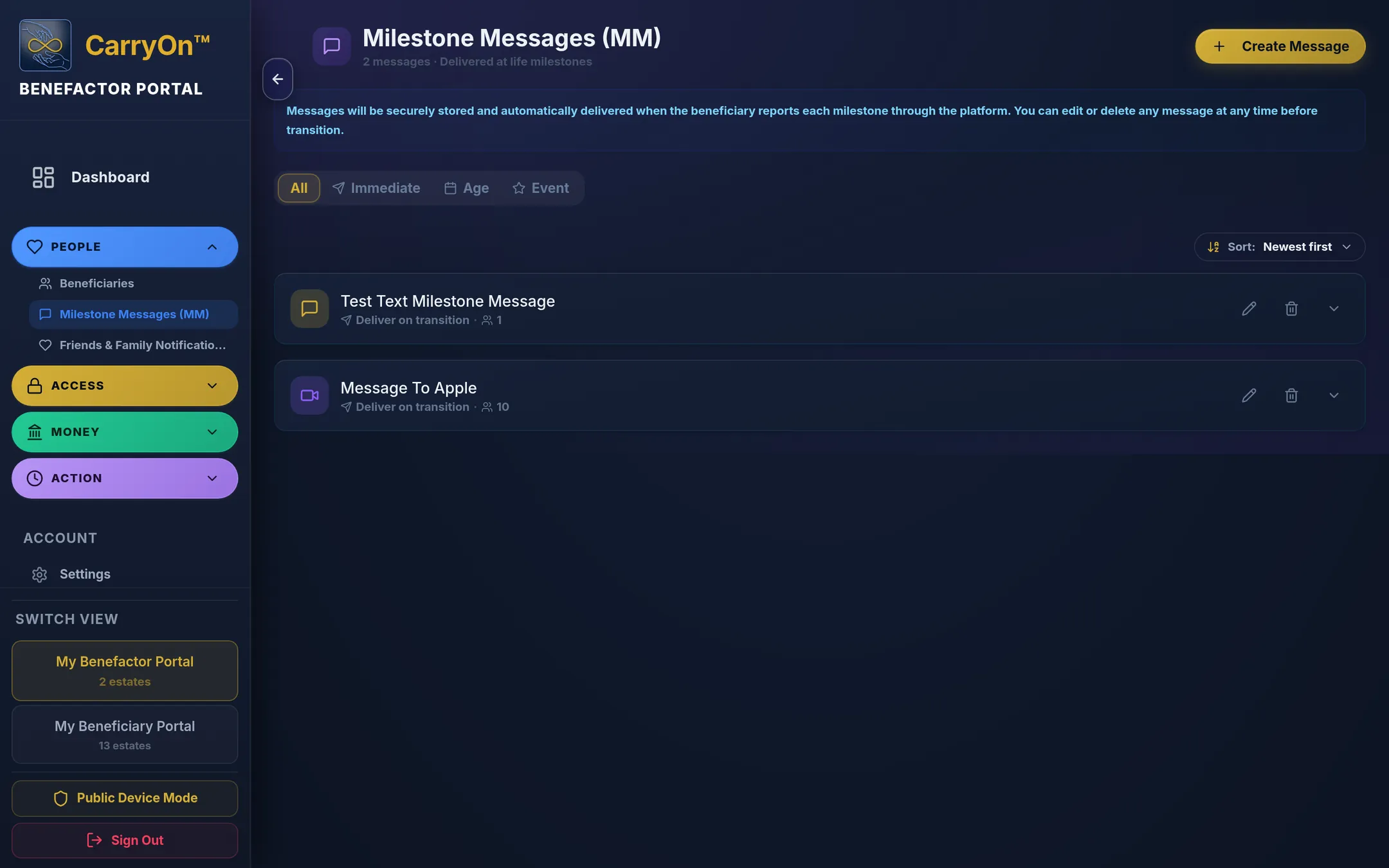 CarryOn Milestone Messages page listing recorded messages scheduled for future family moments